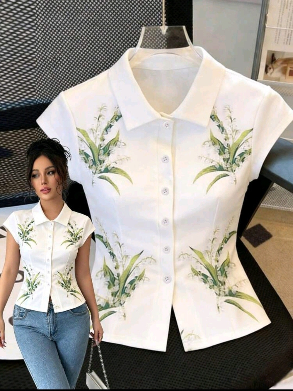 Women’s White Floral Button-Up Polo Top